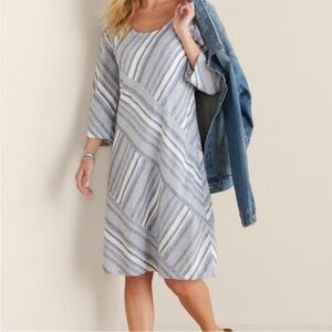 Soft Surroundings Sonya Linen Blue White Striped Long Sleeve Dress L Petite NWT